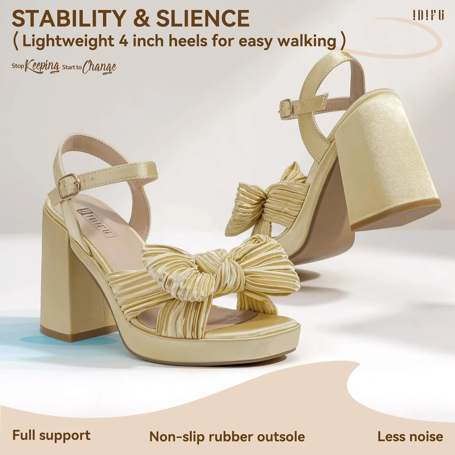 IDIFU IN4 Platform Chunky Block High Bow Heels Square Open Toe Slingback Heeled Sandals Bride Bridesmaid Wedding Bridal Prom Dress Shoes Comfortable Dressy Cute Ankle Strap Thick Heels