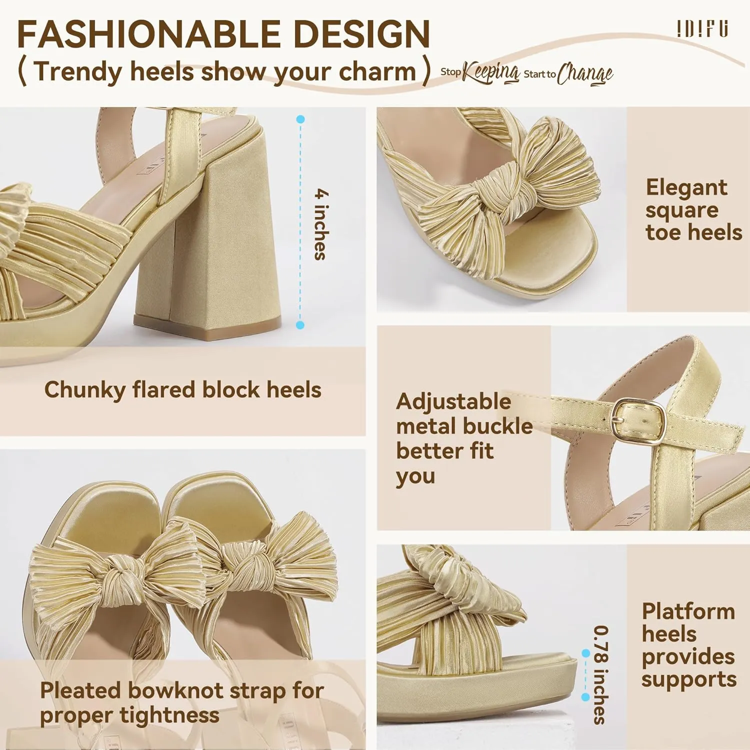 IDIFU IN4 Platform Chunky Block High Bow Heels Square Open Toe Slingback Heeled Sandals Bride Bridesmaid Wedding Bridal Prom Dress Shoes Comfortable Dressy Cute Ankle Strap Thick Heels
