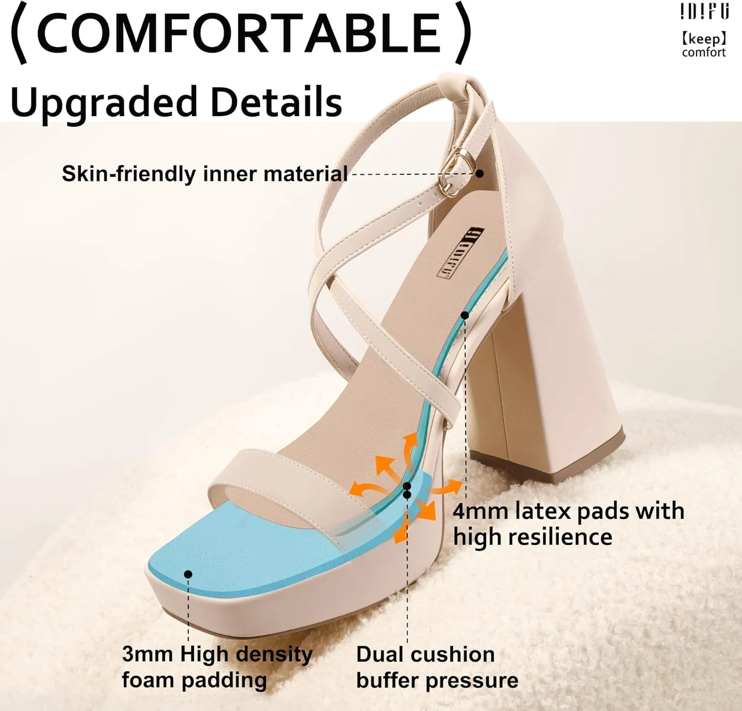 IDIFU IN4 Platform Heels for Women - High Strappy Chunky Block Square Toe Sexy Wedding Dress Shoes - Open Toe Ankle Strap Heeled Sandals - Comfortable Thick Heels - Half Size Larger