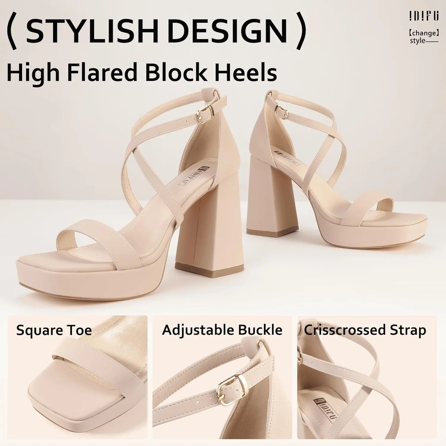 IDIFU IN4 Platform Heels for Women - High Strappy Chunky Block Square Toe Sexy Wedding Dress Shoes - Open Toe Ankle Strap Heeled Sandals - Comfortable Thick Heels - Half Size Larger