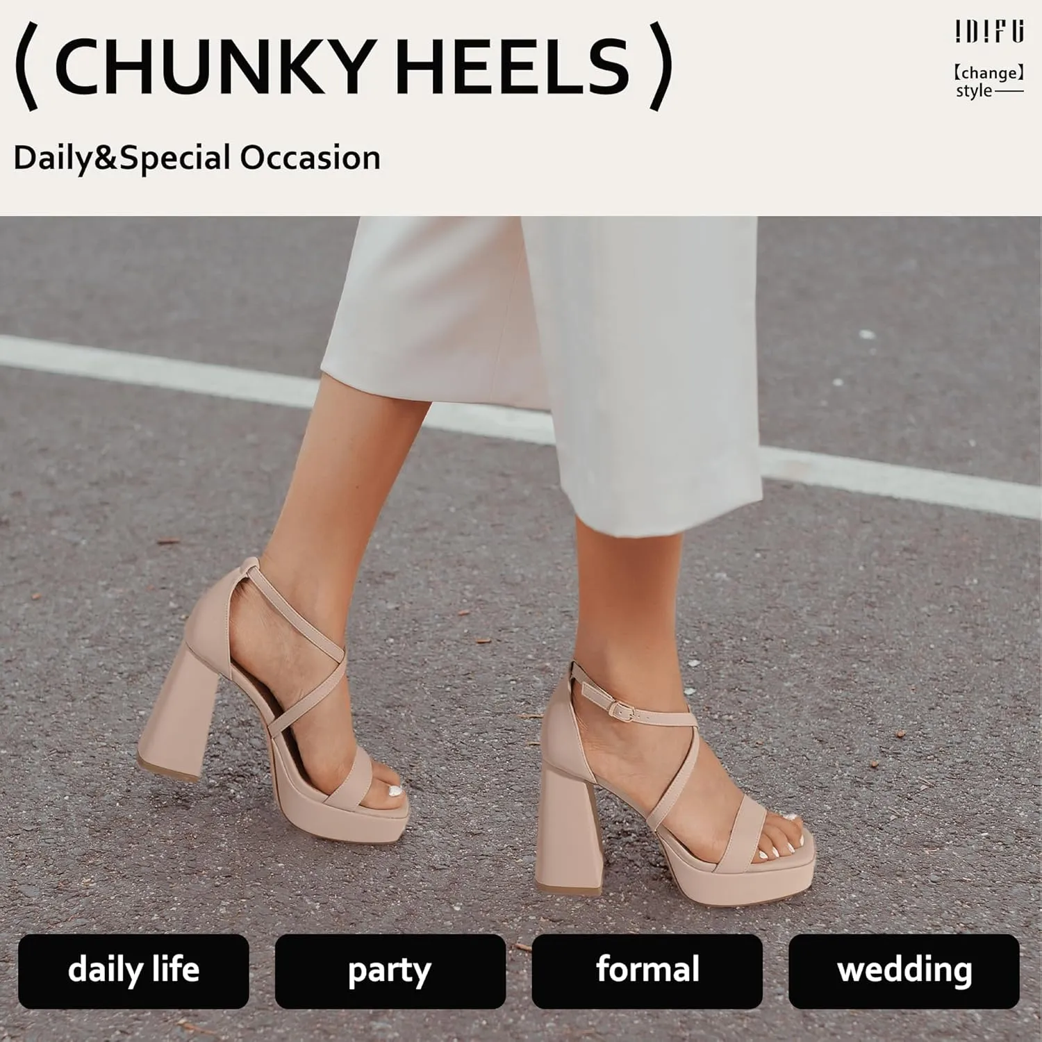 IDIFU IN4 Platform Heels for Women - High Strappy Chunky Block Square Toe Sexy Wedding Dress Shoes - Open Toe Ankle Strap Heeled Sandals - Comfortable Thick Heels - Half Size Larger