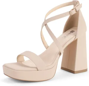 IDIFU IN4 Platform Heels for Women - High Strappy Chunky Block Square Toe Sexy Wedding Dress Shoes - Open Toe Ankle Strap Heeled Sandals - Comfortable Thick Heels - Half Size Larger