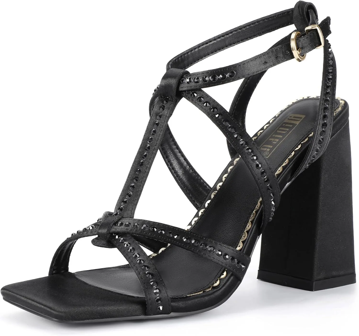 IDIFU IN4 Rhinestone Heels for Women Strappy High Chunky Block Heels Square Toe Slingback Dress Shoes Wedding Bridal Prom Party Heeled Sandals Dressy Sexy Sparkly Thick Heels