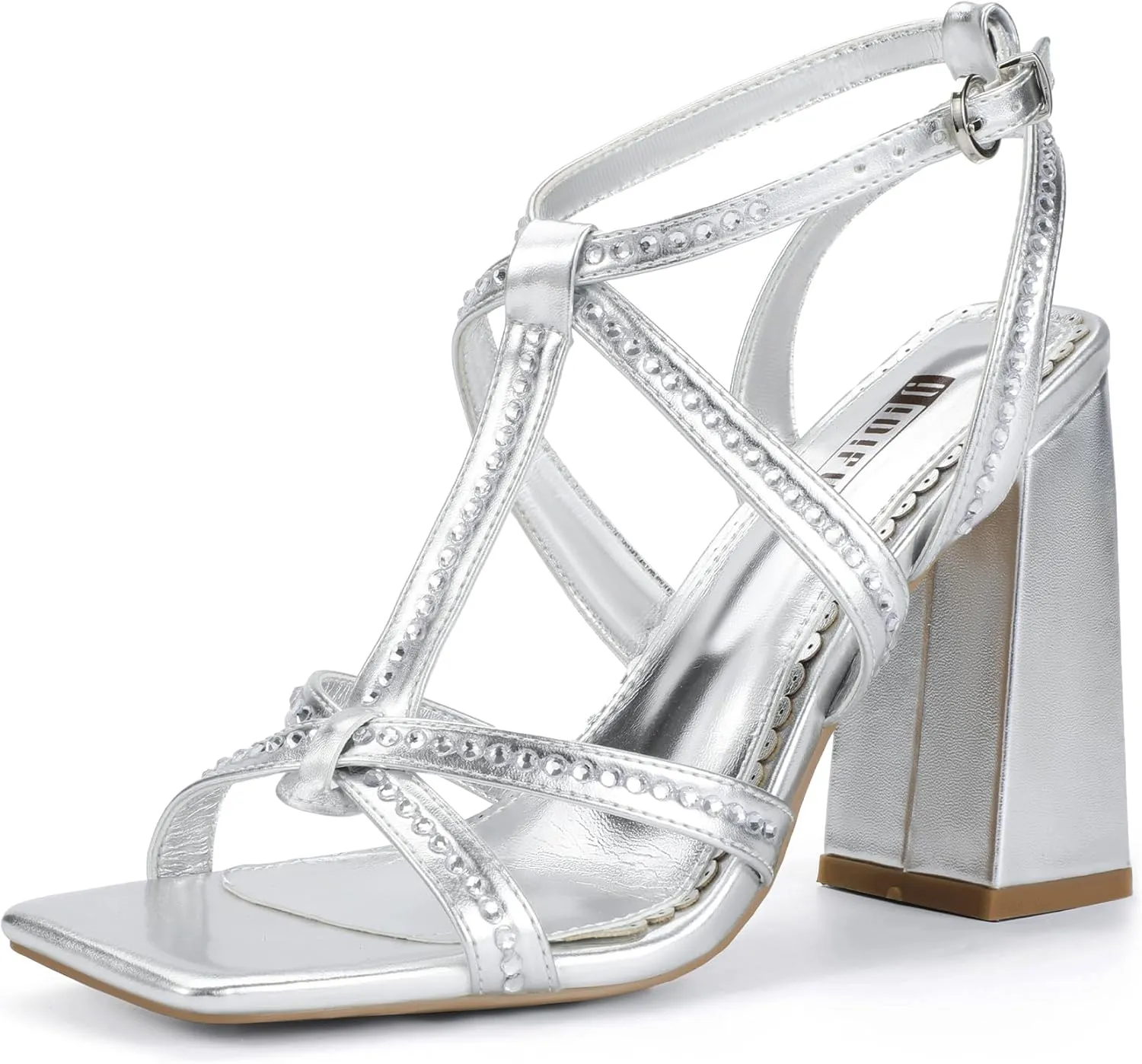IDIFU IN4 Rhinestone Heels for Women Strappy High Chunky Block Heels Square Toe Slingback Dress Shoes Wedding Bridal Prom Party Heeled Sandals Dressy Sexy Sparkly Thick Heels