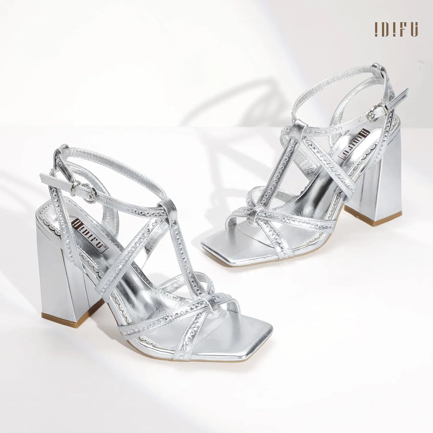 IDIFU IN4 Rhinestone Heels for Women Strappy High Chunky Block Heels Square Toe Slingback Dress Shoes Wedding Bridal Prom Party Heeled Sandals Dressy Sexy Sparkly Thick Heels