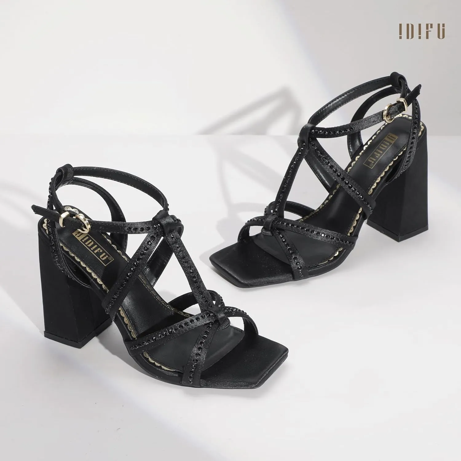 IDIFU IN4 Rhinestone Heels for Women Strappy High Chunky Block Heels Square Toe Slingback Dress Shoes Wedding Bridal Prom Party Heeled Sandals Dressy Sexy Sparkly Thick Heels