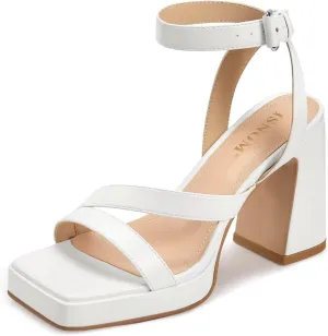 ISNOM White Platform Heels White Chunky Heels for Women Strappy Heels for Women Platform Chuncky Heels Sandals Ankle Strap Heels Comfortable Heels for Women Girls White Dress Sandals