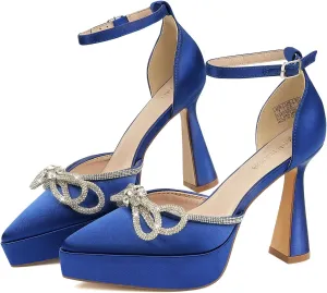 JENN ARDOR Platform Heels for Women Rhinestone Sparkly Bow High Heels Closed Pointed Toe Stilettos Ankle Buckle Strap Pumps Wedding Party Prom Dress Shoes