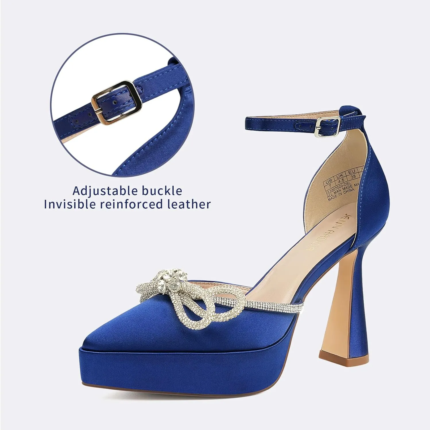JENN ARDOR Platform Heels for Women Rhinestone Sparkly Bow High Heels Closed Pointed Toe Stilettos Ankle Buckle Strap Pumps Wedding Party Prom Dress Shoes