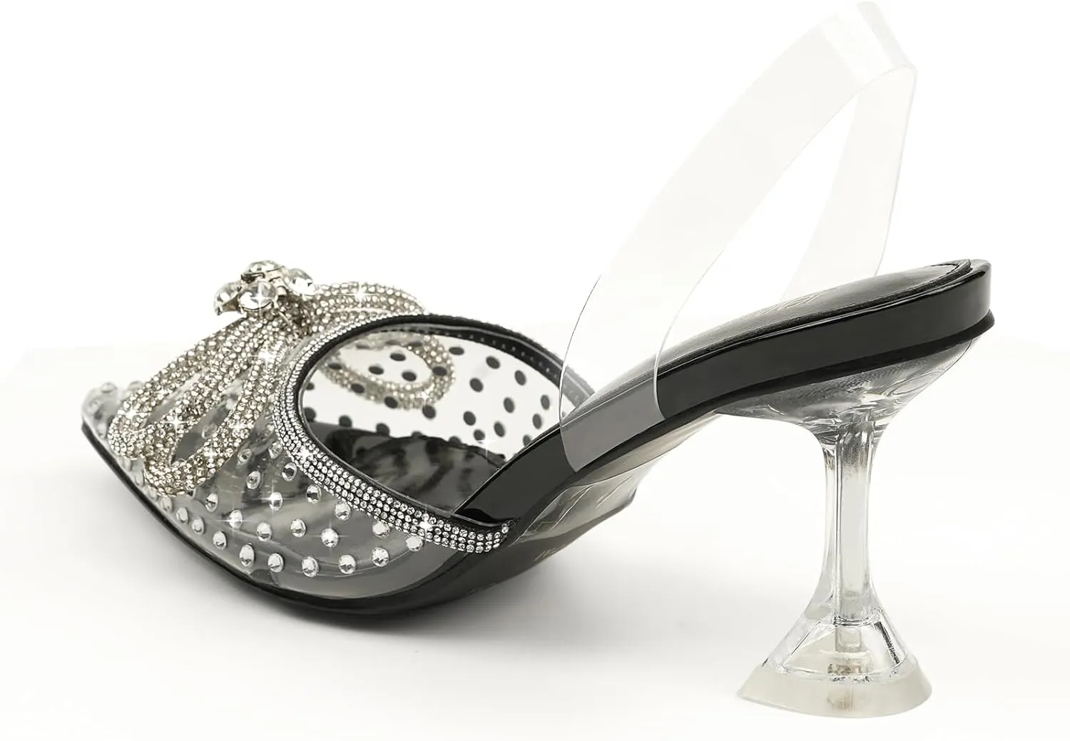 JENN ARDOR Women's Clear Heels Pointed Toe Kitten Heel Bow Pumps Rhinestone Strap Slingback Wedding Party Dress Shoes