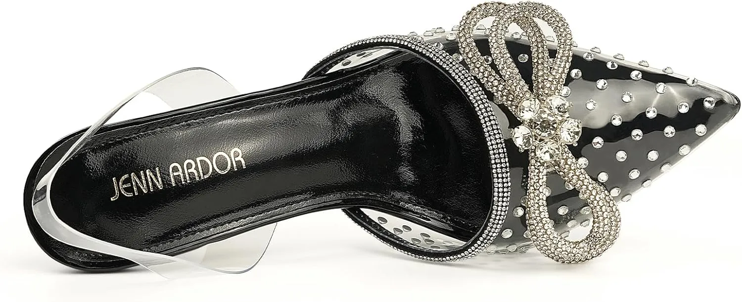 JENN ARDOR Women's Clear Heels Pointed Toe Kitten Heel Bow Pumps Rhinestone Strap Slingback Wedding Party Dress Shoes