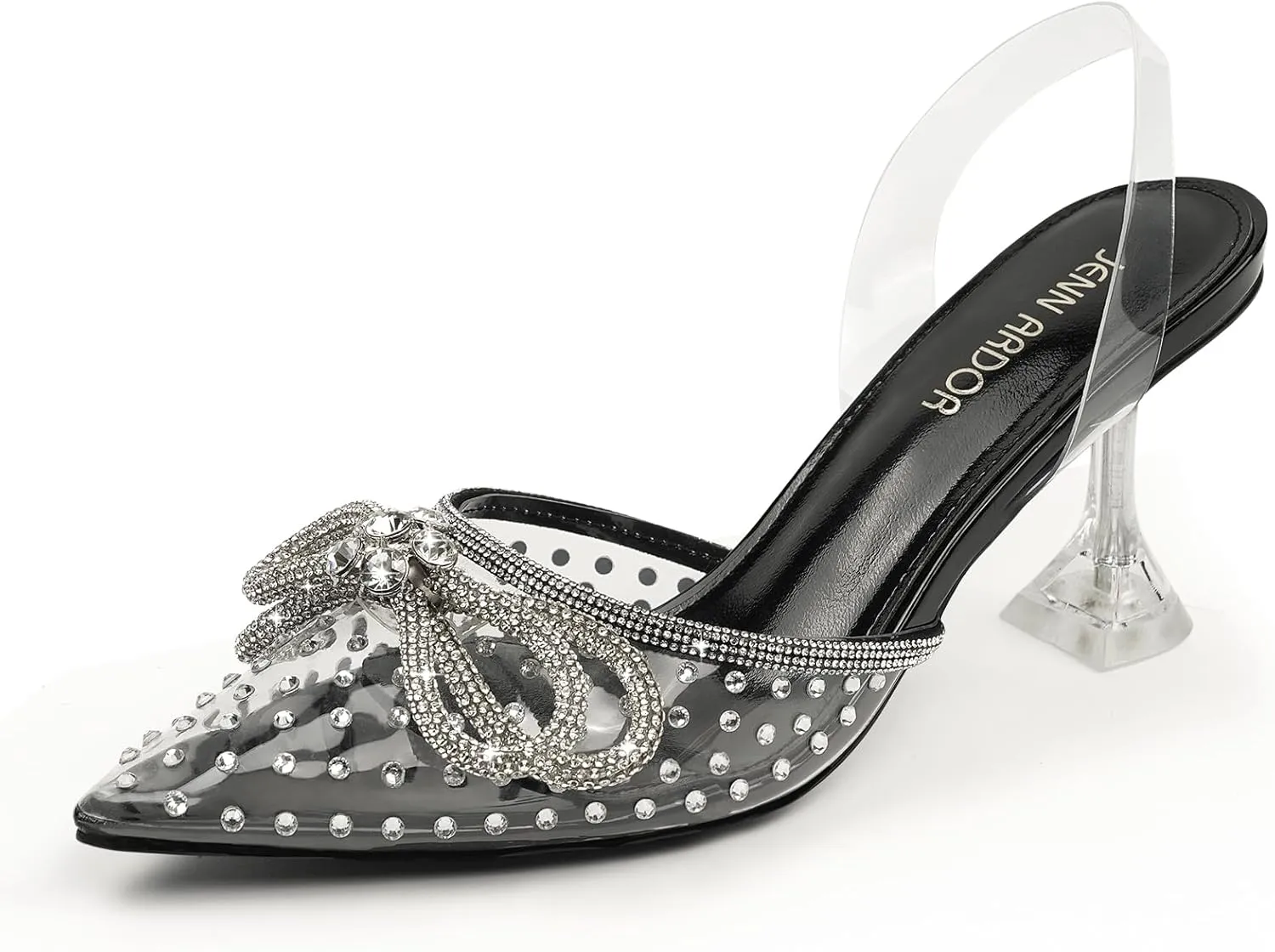 JENN ARDOR Women's Clear Heels Pointed Toe Kitten Heel Bow Pumps Rhinestone Strap Slingback Wedding Party Dress Shoes