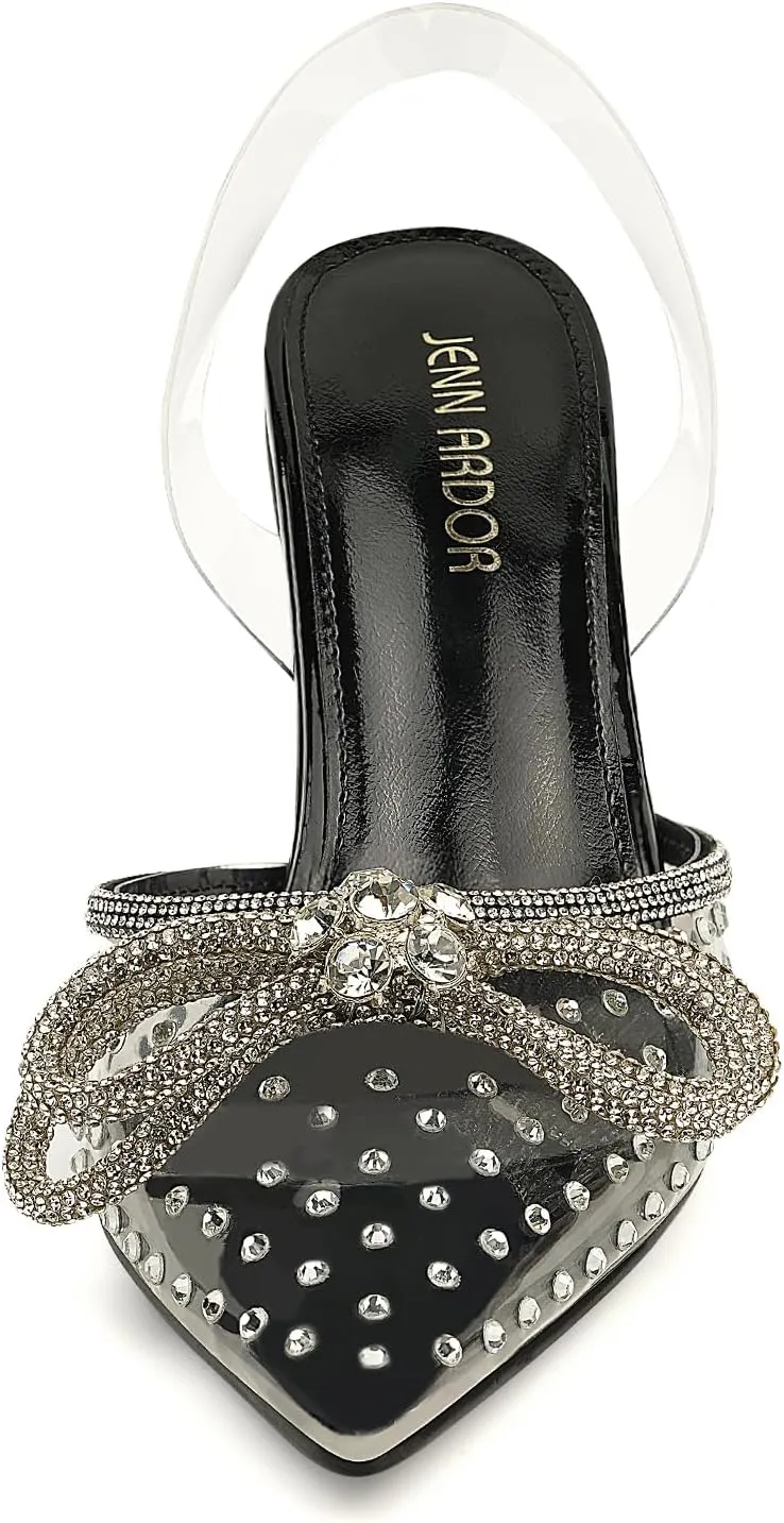 JENN ARDOR Women's Clear Heels Pointed Toe Kitten Heel Bow Pumps Rhinestone Strap Slingback Wedding Party Dress Shoes