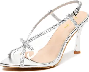 Jiu du Women's Bow Heels Pointed Open Toe Rhiestone Heeled Sandals Slingback High Heels Party Wedding Dressy Pumps