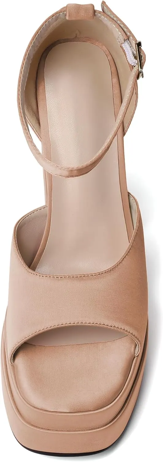 Joseywade Chunky Platform Heels Open Toe Women High Heels 5.5 Inches Heeled Sandals Satin Silk Ankle Strap Heels Shoes