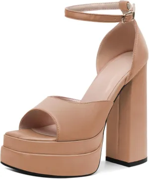 Joseywade Chunky Platform Heels Open Toe Women High Heels 5.5 Inches Heeled Sandals Satin Silk Ankle Strap Heels Shoes