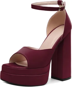 Joseywade Chunky Platform Heels Open Toe Women High Heels 5.5 Inches Heeled Sandals Satin Silk Ankle Strap Heels Shoes