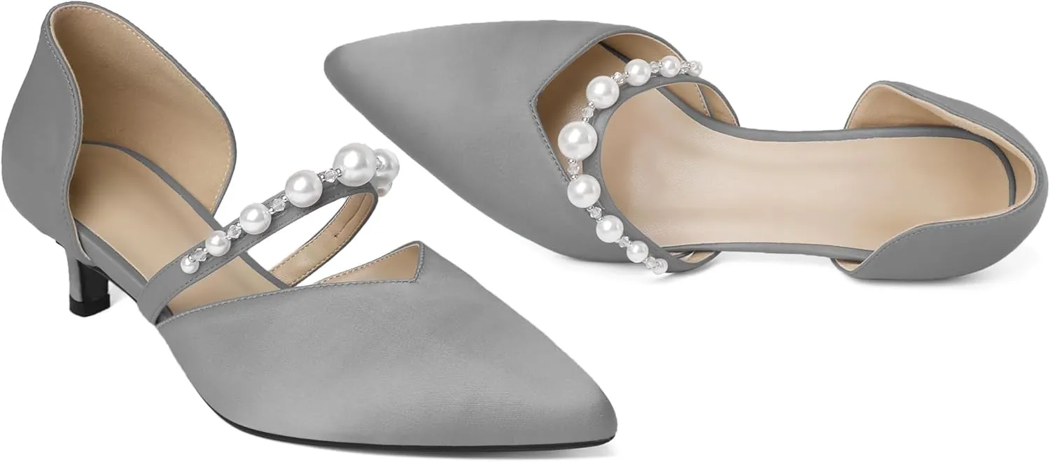 Joseywade Low Heels for Women Kitten Heels Pumps Pearl Closed Pointed Toe Slip-on 1.5 Inch Satin Wedding D'Orsay Bridal Shoes