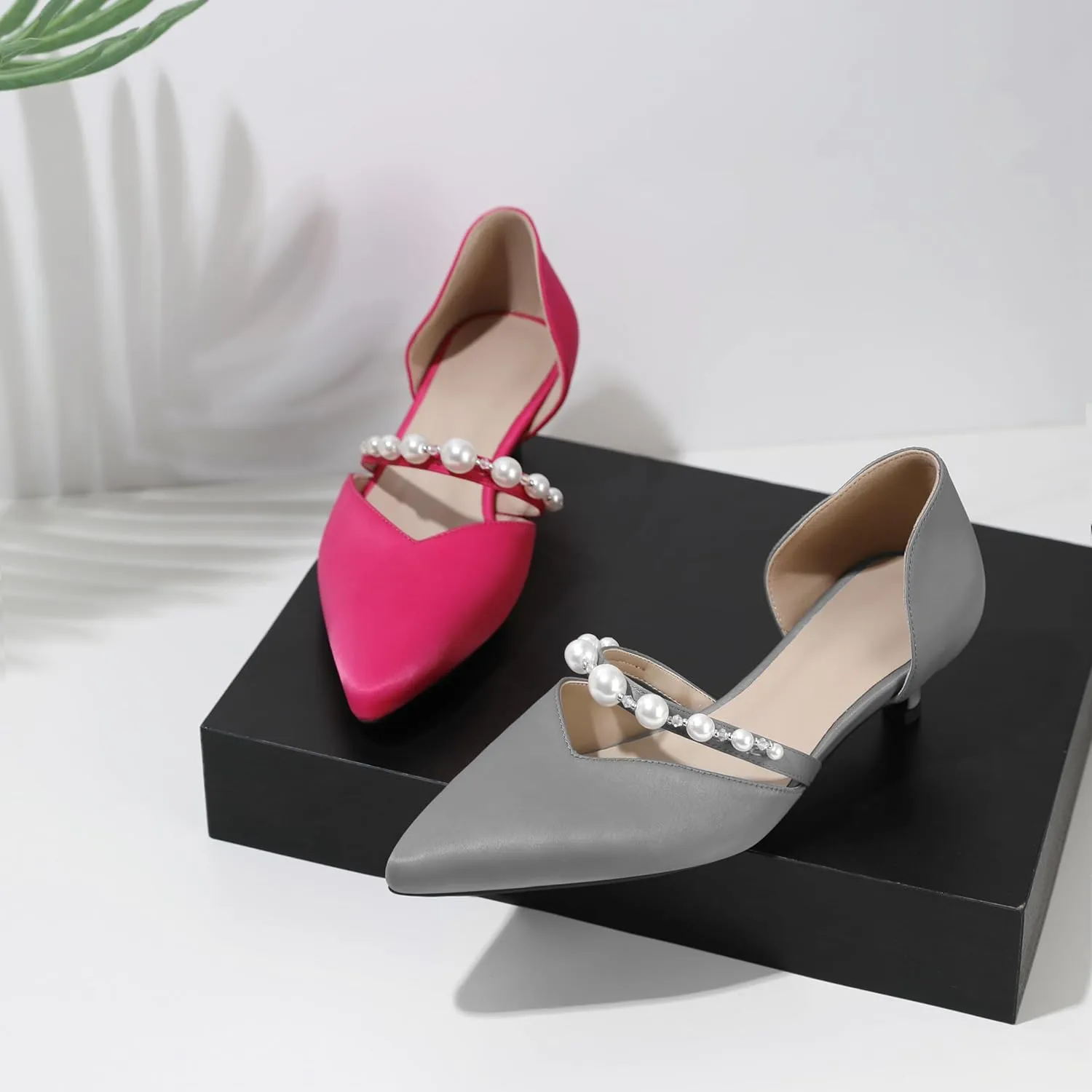 Joseywade Low Heels for Women Kitten Heels Pumps Pearl Closed Pointed Toe Slip-on 1.5 Inch Satin Wedding D'Orsay Bridal Shoes