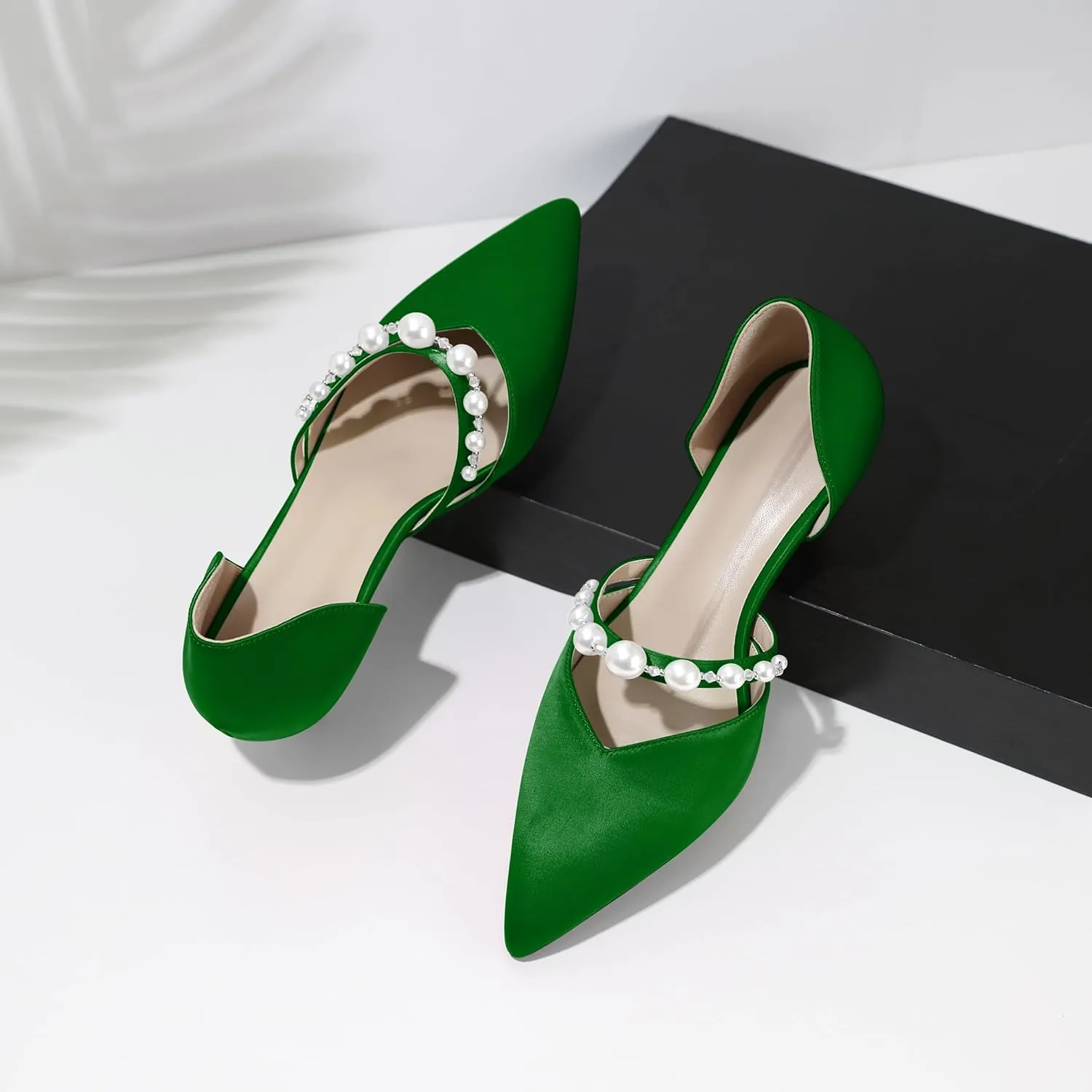 Joseywade Low Heels for Women Kitten Heels Pumps Pearl Closed Pointed Toe Slip-on 1.5 Inch Satin Wedding D'Orsay Bridal Shoes