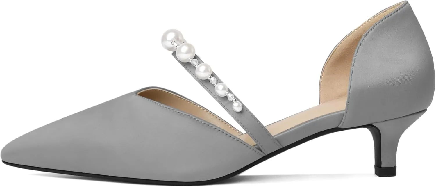 Joseywade Low Heels for Women Kitten Heels Pumps Pearl Closed Pointed Toe Slip-on 1.5 Inch Satin Wedding D'Orsay Bridal Shoes