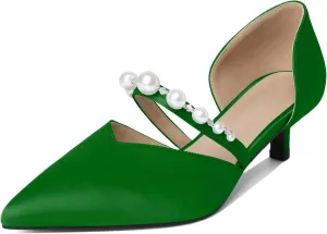 Joseywade Low Heels for Women Kitten Heels Pumps Pearl Closed Pointed Toe Slip-on 1.5 Inch Satin Wedding D'Orsay Bridal Shoes