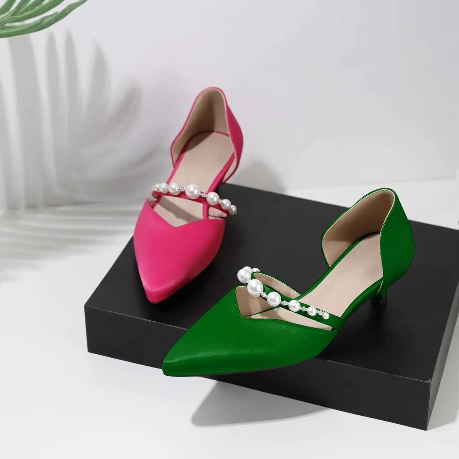 Joseywade Low Heels for Women Kitten Heels Pumps Pearl Closed Pointed Toe Slip-on 1.5 Inch Satin Wedding D'Orsay Bridal Shoes