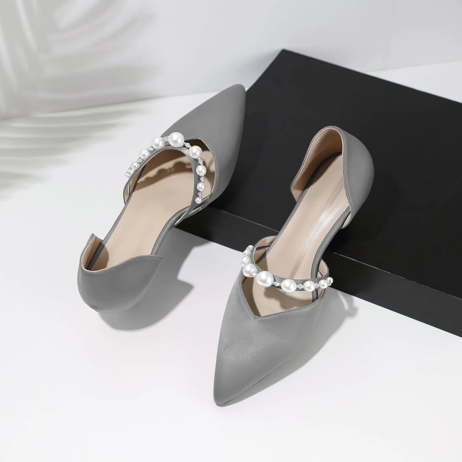 Joseywade Low Heels for Women Kitten Heels Pumps Pearl Closed Pointed Toe Slip-on 1.5 Inch Satin Wedding D'Orsay Bridal Shoes