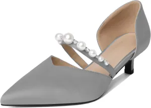 Joseywade Low Heels for Women Kitten Heels Pumps Pearl Closed Pointed Toe Slip-on 1.5 Inch Satin Wedding D'Orsay Bridal Shoes