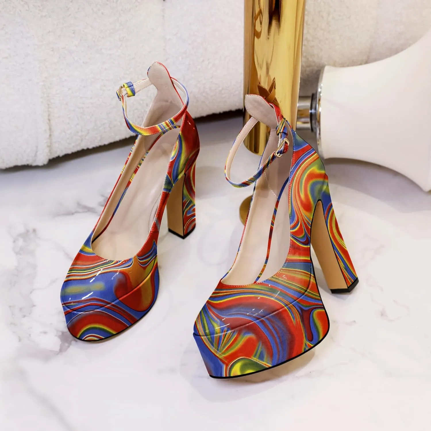 Joseywade Platform Chunky Heels Mary Jane High High Pumps Shoes Women Closed Round Toe 5.5 Inch Ankle Strap US Size 5-15