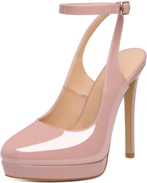 Joseywade Women's Platform Heels Slingback Round Toe Slim Thin Stilettos High Heel Pumps Ankle Strap Comfort Wedding Dress Shoes 5 Inch