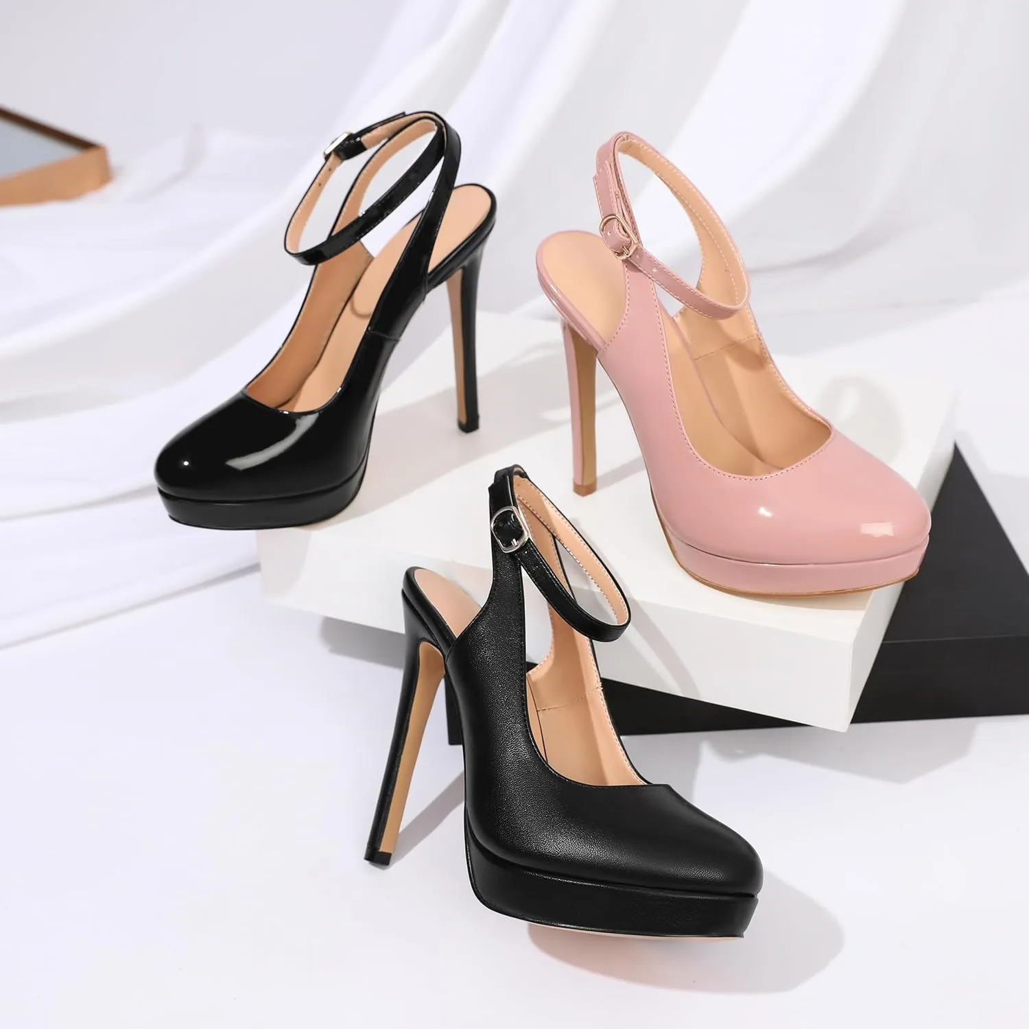 Joseywade Women's Platform Heels Slingback Round Toe Slim Thin Stilettos High Heel Pumps Ankle Strap Comfort Wedding Dress Shoes 5 Inch