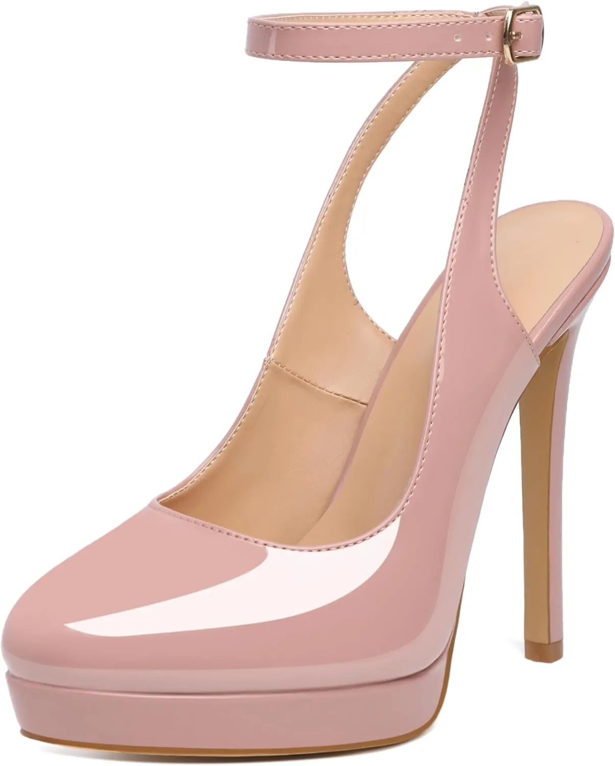 Joseywade Women's Platform Heels Slingback Round Toe Slim Thin Stilettos High Heel Pumps Ankle Strap Comfort Wedding Dress Shoes 5 Inch