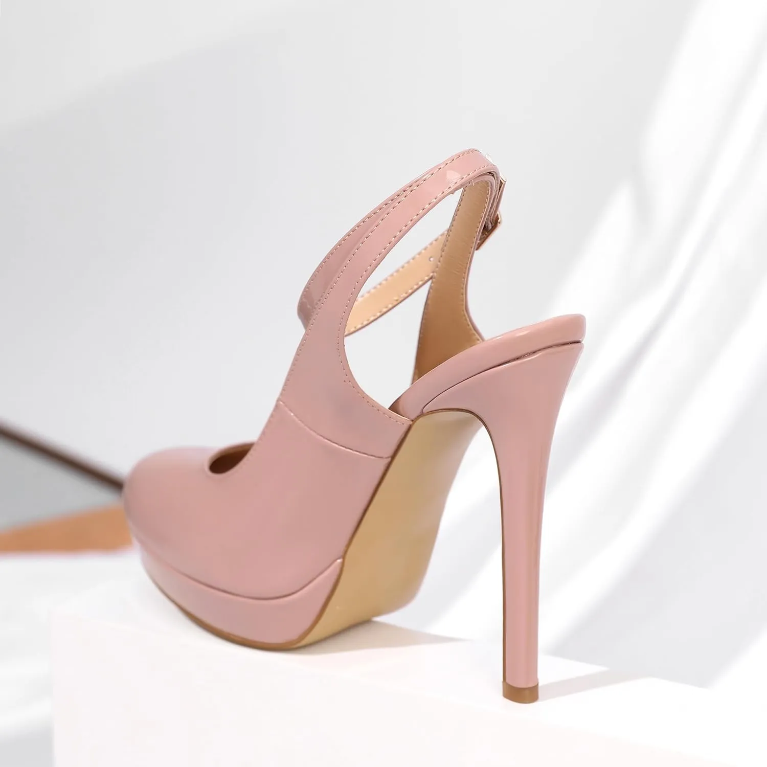 Joseywade Women's Platform Heels Slingback Round Toe Slim Thin Stilettos High Heel Pumps Ankle Strap Comfort Wedding Dress Shoes 5 Inch
