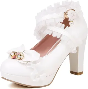 Kawii Shoes Bow Pearl Heels Lolita Platform Heels for Women Lace Cute Mary Janes Pumps