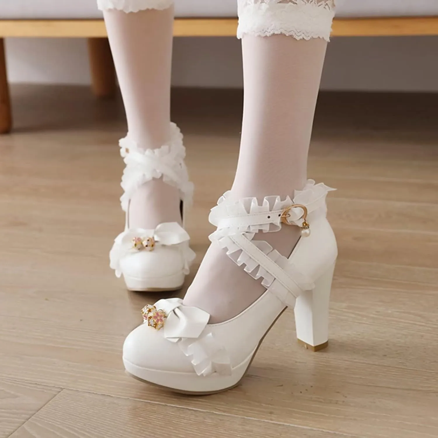 Kawii Shoes Bow Pearl Heels Lolita Platform Heels for Women Lace Cute Mary Janes Pumps