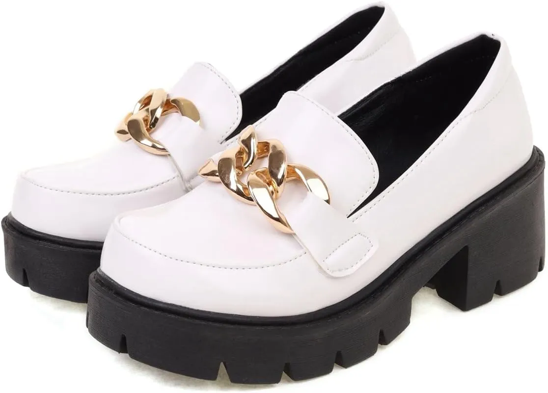 KISSASA Womens Tassel Platform Patent Chunky Heeled Loafers Slip On Uniform Dress Shoes