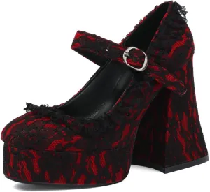 KOKOMOMO Women's Lace Flower Heels Goth Platform Shoes Chunky High Heel Mary Jane Gothic Heels, Size 9 Red