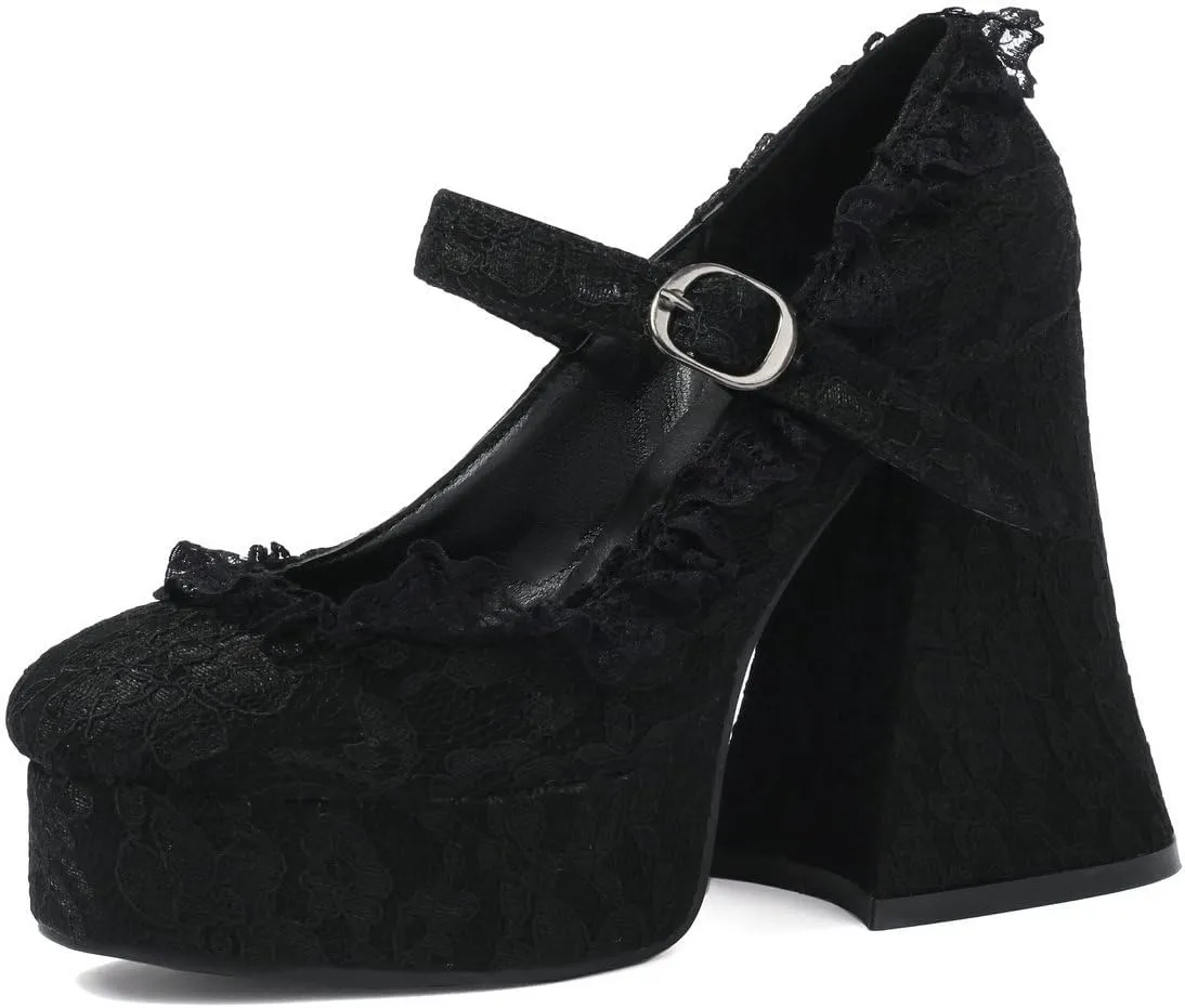 KOKOMOMO Womens Lace Flower Heels Goth Platform Shoes Chunky High Heel Mary Jane Gothic Heels,Size 9 Black