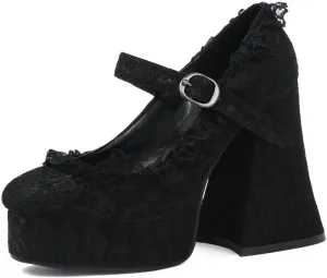 KOKOMOMO Womens Lace Flower Heels Goth Platform Shoes Chunky High Heel Mary Jane Gothic Heels,Size 9 Black