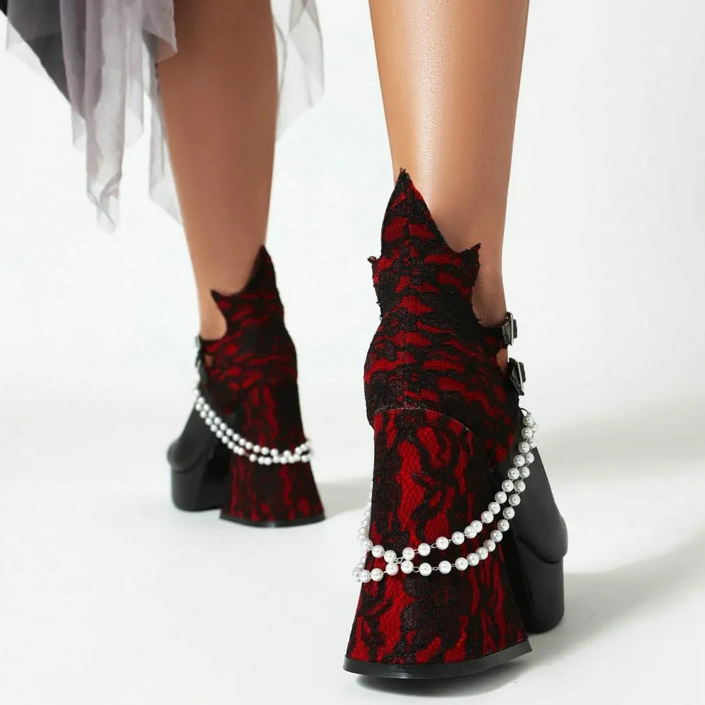 KOKOMOMO Womens Lace Flower Heels Goth Platform Shoes Chunky High Heel Mary Janes Gothic Shoe