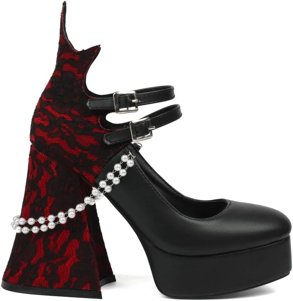 KOKOMOMO Womens Lace Flower Heels Goth Platform Shoes Chunky High Heel Mary Janes Gothic Shoe