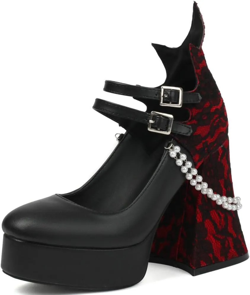 KOKOMOMO Womens Lace Flower Heels Goth Platform Shoes Chunky High Heel Mary Janes Gothic Shoe