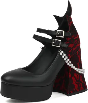 KOKOMOMO Womens Lace Flower Heels Goth Platform Shoes Chunky High Heel Mary Janes Gothic Shoe