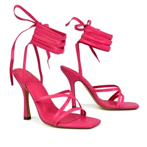Kyra Lace Up High Heel Stilettos Sandals with Square Toe in Fuchsia