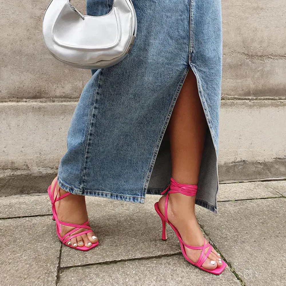 Kyra Lace Up High Heel Stilettos Sandals with Square Toe in Fuchsia