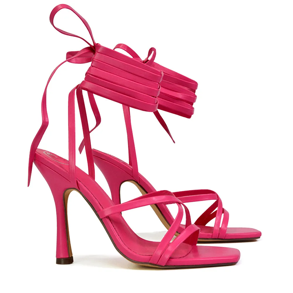 Kyra Lace Up High Heel Stilettos Sandals with Square Toe in Green