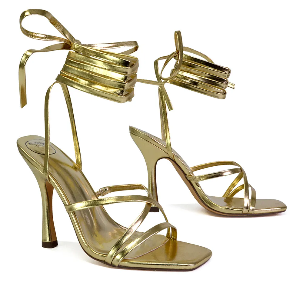 Kyra Lace Up High Heel Stilettos Sandals with Square Toe in Green