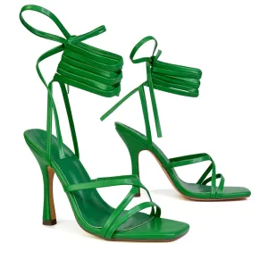 Kyra Lace Up High Heel Stilettos Sandals with Square Toe in Green