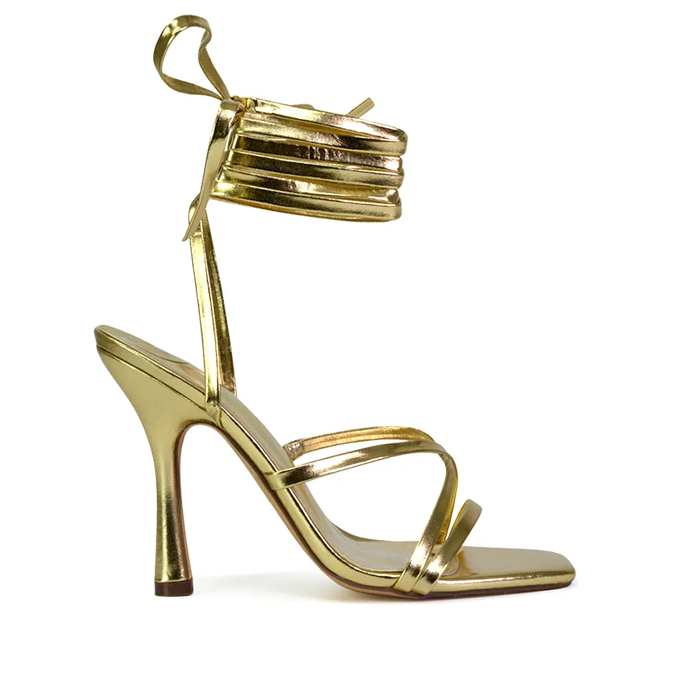 Kyra Lace Up High Heel Stilettos Sandals with Square Toe in Green